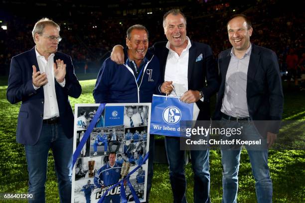 Peter Peters, member of the board, Alexander Jobst,member of the board and Clemens Toennies, chairman of the board honour head coach Huub Stevens of...