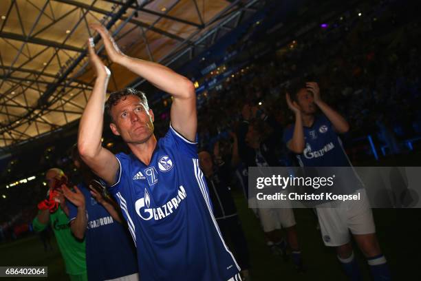 Ingo Anderbruegge of Eurofighter and Friends does a lap of honour after the 20 years of Eurofighter match between Eurofighter and Friends and Euro...