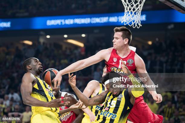 Dimitrios Agravanis, #10 of Olympiacos Piraeus competes with Bobby Dixon, #35 of Fenerbahce Istanbul and Ekpe Udoh, #8 of Fenerbahce Istanbul during...