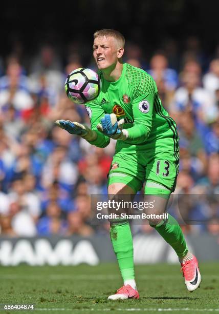 Jordan Pickford of Sunderland in action during the Premier League match between Chelsea and Sunderland at Stamford Bridge on May 21, 2017 in London,...