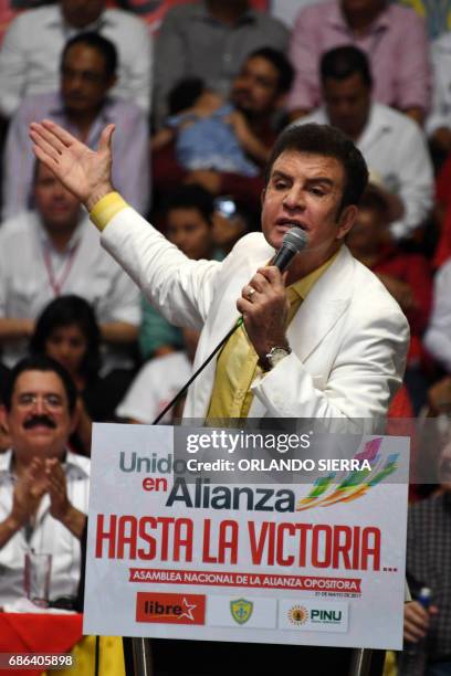 Honduran sport journalist Salvador Nasralla delivers a speech during his launching as presidential candidate of the Alianza party, composed by the...