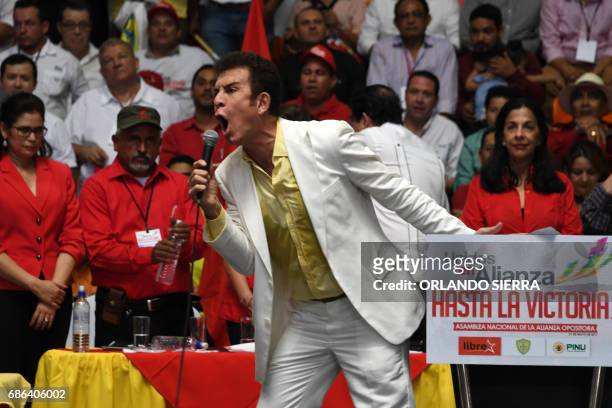 Honduran sport journalist Salvador Nasralla delivers a speech during his launching as presidential candidate of the Alianza party, composed by the...