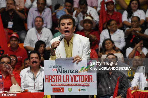 Honduran sport journalist Salvador Nasralla delivers a speech during his launching as presidential candidate of the Alianza party, composed by the...