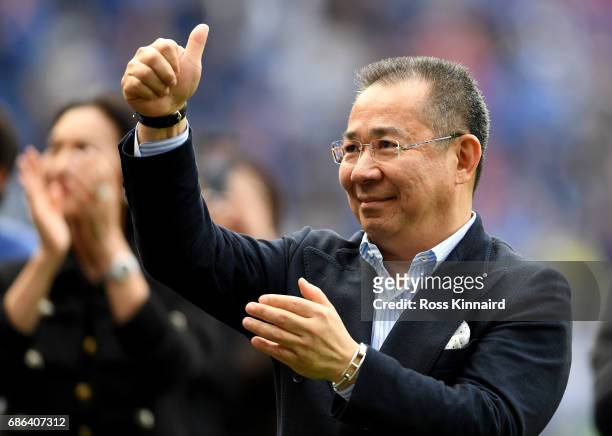 Leicester City Chairman, Vichai Srivaddhanaprabha acknowledges the fans during a lap of the pitch after the Premier League match between Leicester...