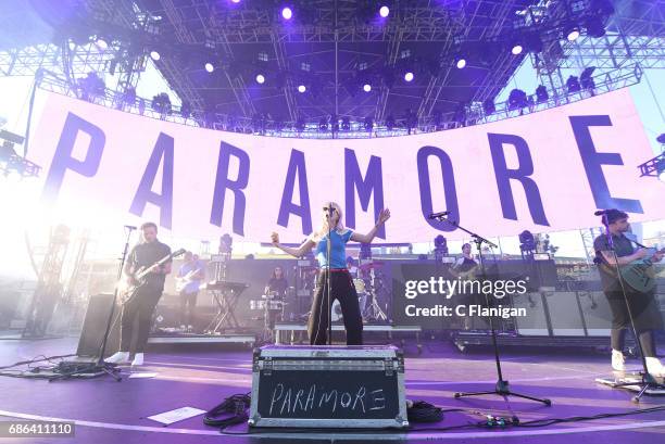 Singer Hayley Williams, Zac Farro and Taylor York together as Paramore perform during the 2017 KROQ Weenie Roast Y Fiesta at StubHub Center on May...