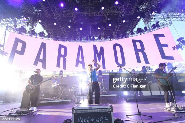 Singer Hayley Williams, Zac Farro and Taylor York together as Paramore perform during the 2017 KROQ Weenie Roast Y Fiesta at StubHub Center on May...