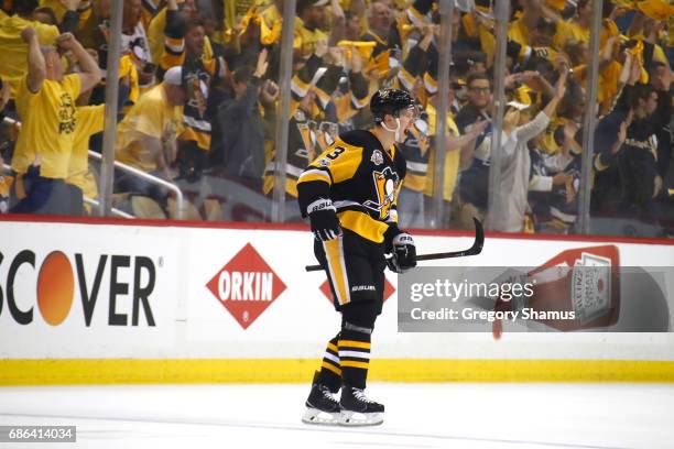 Olli Maatta of the Pittsburgh Penguins celebrates after scoring a goal against Craig Anderson of the Ottawa Senators during the first period in Game...