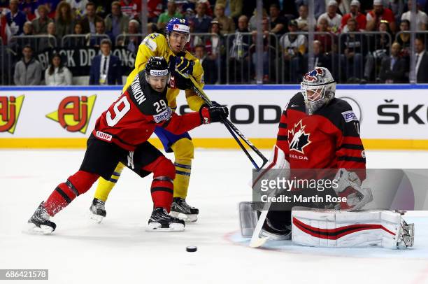 Calvin Pickard, goaltender of Canada makes a save on Victor Rask of Sweden during the 2017 IIHF Ice Hockey World Championship Gold Medal game Canada...