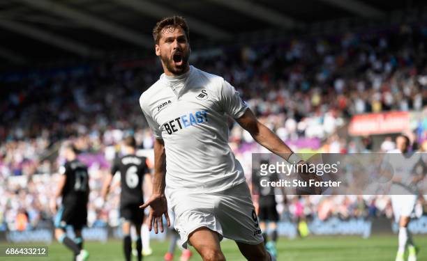 Swansea player Fernando Llorente celebrates his and the winning goal during the Premier League match between Swansea City and West Bromwich Albion at...