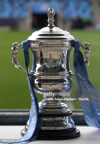 The SSE Women's FA Cup on display before the WSL Spring Series Match between Manchester City Women and Yeovil Town Ladies at Etihad Campus on May 21,...