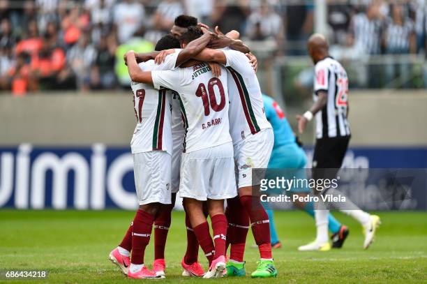 Player of Fluminense celebrates a scored goal against Atletico MG during a match between Atletico MG and Fluminense as part of Brasileirao Series A...