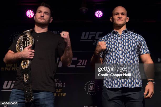 Stipe Miocic faces off with Junior dos Santos during the UFC 211 Ultimate Media Day at the House of Blues Dallas on May 10, 2017 in Dallas, Texas.