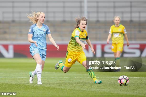 Keira Walsh Manchester City Women chases the ball with Ellie Curson of of Yeovil Town Ladies during the WSL Spring Series Match between Manchester...