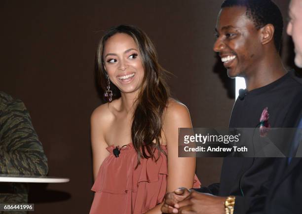 Actors Amber Stevens West and Jerrod Carmichael are interviewed onstage at the Vulture Festival at The Standard High Line on May 21, 2017 in New York...