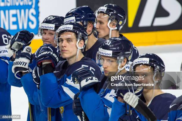 Team Finland reacts after the Ice Hockey World Championship Semifinal between Sweden and Finland at Lanxess Arena in Cologne, Germany, on May 20,...