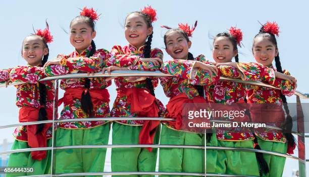 Girls from the Luochuan Yangko dance troupe from Yan'an city, Shaanxi province, China aboard Princess Cruises' newest ship "Majestic Princess"...