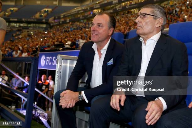 Clemens Toennies, chairman of the board and former manager Rudi Assauer are seen prior to the 20 years of Eurofighter match between Eurofighter and...
