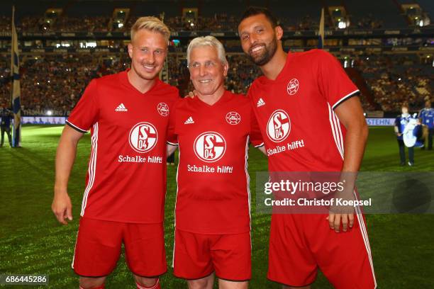Mike Hanke, Klaus Fischer and Kevin Kuranyi of Euro All Stars are seen prior to the 20 years of Eurofighter match between Eurofighter and Friends and...