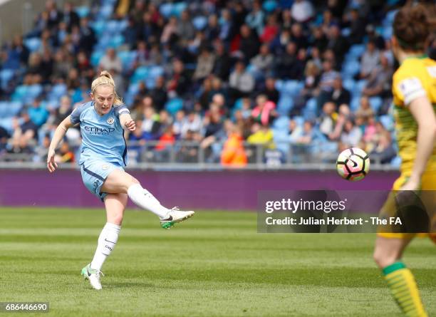 Keira Walsh Manchester City Women takes a shot on goal during the WSL Spring Series Match between Manchester City Women and Yeovil Town Ladies at...