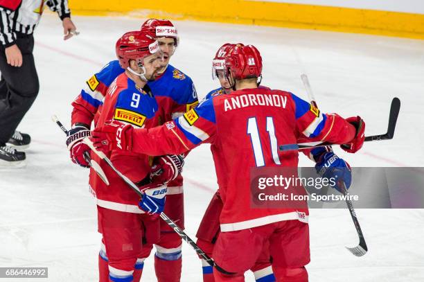 Nikita Gusev celebrates his goal with teammates during the Ice Hockey World Championship Bronze medal game between Russia and Finland at Lanxess...