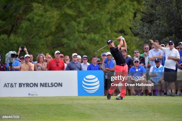 Billy Horschel plays his shot from the 13th tee during the Final Round of the AT&T Byron Nelson at the TPC Four Seasons Resort Las Colinas on May 21,...