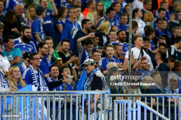 Fans of Schalke celebrate during the 20 years of Eurofighter match between Eurofighter and Friends and Euro All Stars at Veltins Arena on May 21,...