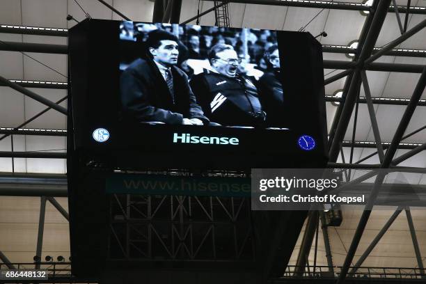 Former manager Rudi Assauer and Cahrly Neumann of Schalke on the video screen during the 20 years of Eurofighter match between Eurofighter and...