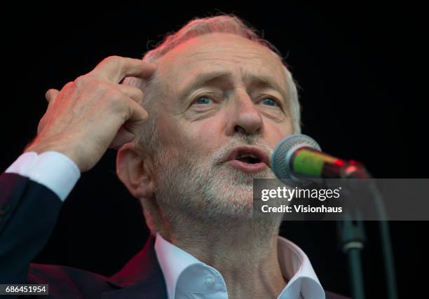 Labour leader Jeremy Corbyn speaks to the crowd at Wirral Live at Prenton Park on May 20, 2017 in Birkenhead, England.