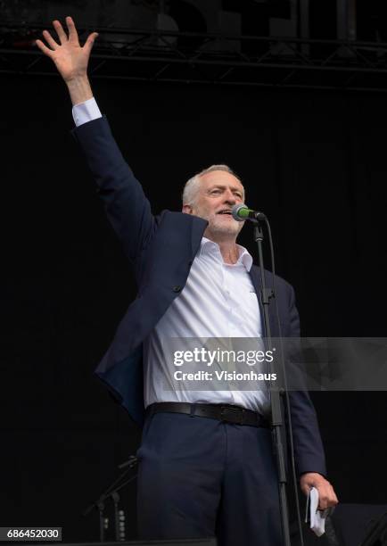 Labour leader Jeremy Corbyn speaks to the crowd at Wirral Live at Prenton Park on May 20, 2017 in Birkenhead, England.