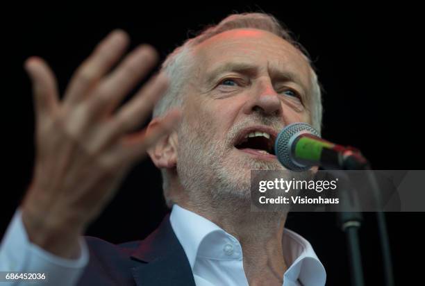 Labour leader Jeremy Corbyn speaks to the crowd at Wirral Live at Prenton Park on May 20, 2017 in Birkenhead, England.