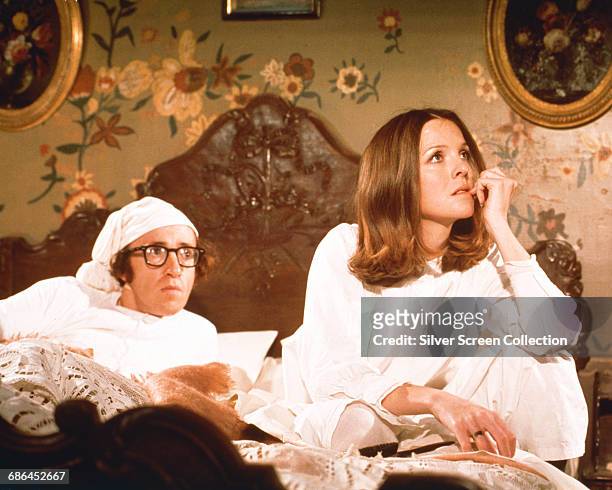 Actors Woody Allen and Diane Keaton as Boris and Sonja in the comedy film 'Love and Death', 1975.