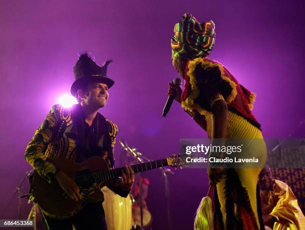 Singer/songwriter Matthieu Chedid, -M-, and Fatoumata Diawara perform during the 70th annual Cannes Film Festival at on May 21, 2017 in Cannes,...