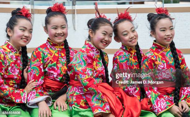 Girls from the Luochuan Yangko dance troupe from Yan'an city, Shaanxi province, China aboard Princess Cruises' newest ship "Majestic Princess"...