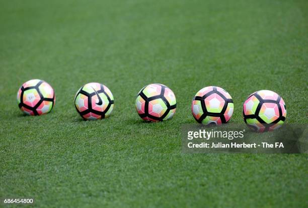Balls lined up and waiting to be used in a warm up session before the WSL Spring Series Match between Manchester City Women and Yeovil Town Ladies at...