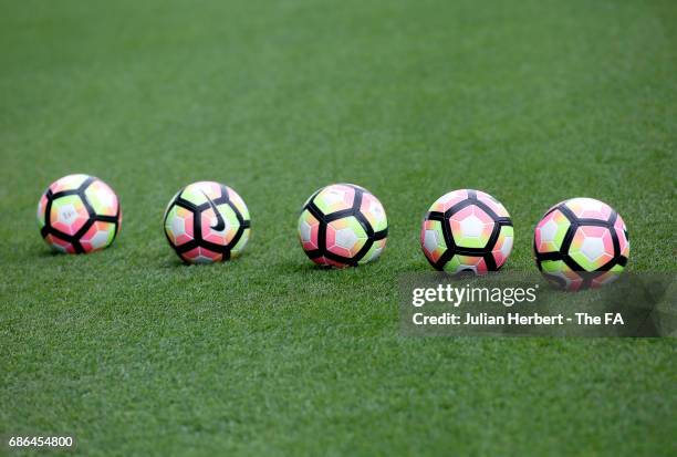 Balls lined up and waiting to be used in a warm up session before the WSL Spring Series Match between Manchester City Women and Yeovil Town Ladies at...