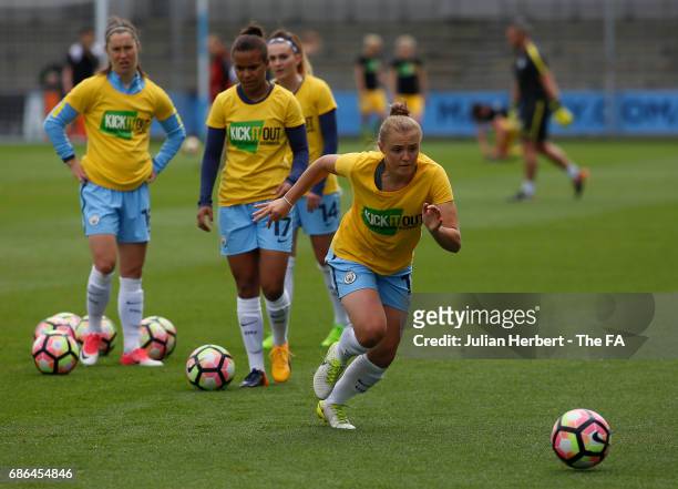 Georgia Stanway of Manchester City Women warms up in a Kick It Out top before the WSL Spring Series Match between Manchester City Women and Yeovil...