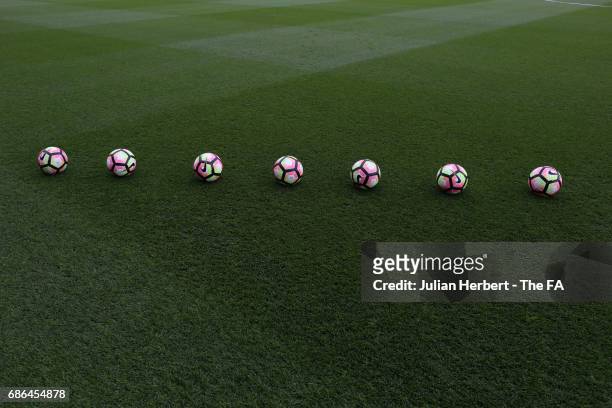 Balls lined up and waiting to be used in a warm up session before the WSL Spring Series Match between Manchester City Women and Yeovil Town Ladies at...