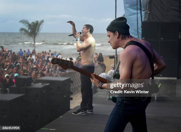 Musicians Lukas Forchhammer and Magnus Larsson of Lukas Graham perform at the Hangout Stage during 2017 Hangout Music Festival on May 21, 2017 in...