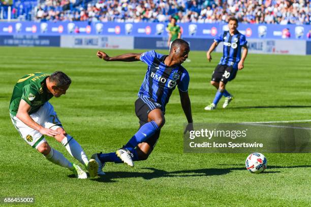 Montreal Impact midfielder Ballou Tabla going after the ball after a contact with Portland Timbers midfielder David Guzman during the Portland...