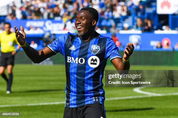 Montreal Impact defender Ambroise Oyongo celebrating his goal, his first of the season, making the score 4-1 Impact, during the Portland Timbers...