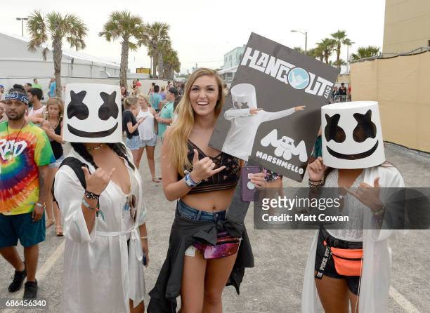 Festivalgoers wearing Marshmello masks attend 2017 Hangout Music Festival on May 21, 2017 in Gulf Shores, Alabama.