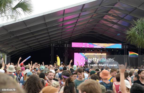 Banana inflatable and rainbow flag are seen during the Matoma performance at the Boom Boom Tent during 2017 Hangout Music Festival on May 21, 2017 in...