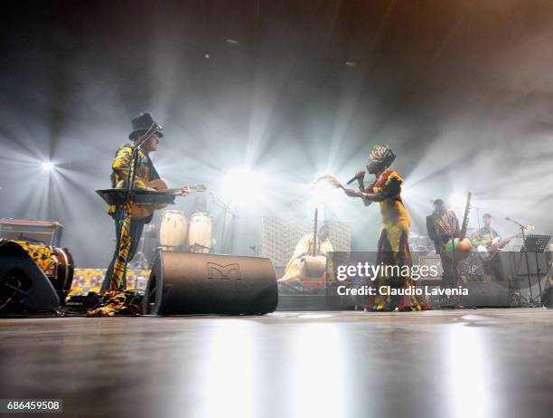 Singer/songwriter Matthieu Chedid, -M-, and Fatoumata Diawara perform during the 70th annual Cannes Film Festival at on May 21, 2017 in Cannes,...
