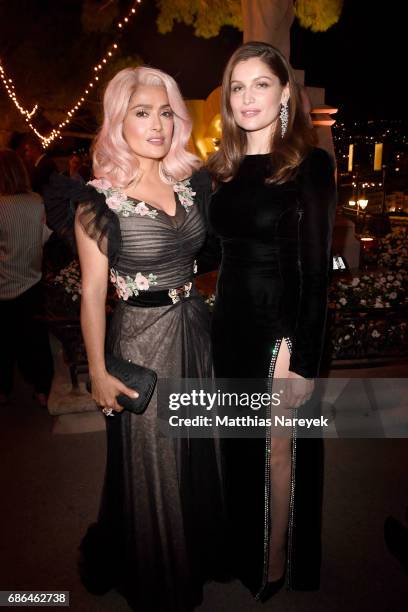 Salma Hayek and Laetitia Casta attend the Women in Motion Awards Dinner at the 70th Cannes Film Festival at Place de la Castre on May 21, 2017 in...