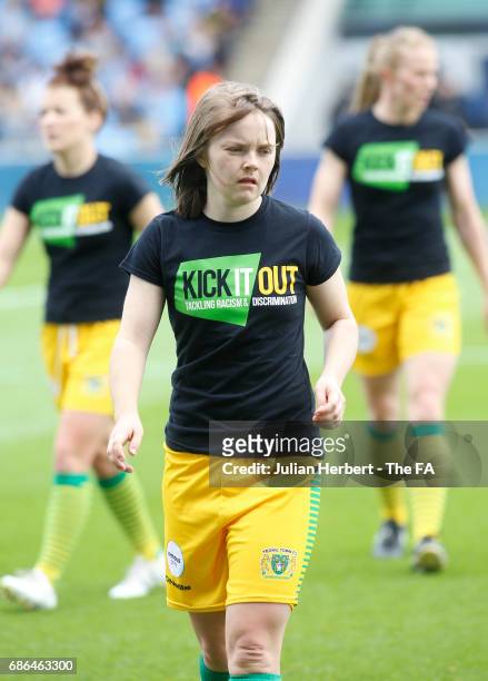 Ellie Curson of Yeovil Town Ladies warms up in a Kick It Out top before the WSL Spring Series Match between Manchester City Women and Yeovil Town...