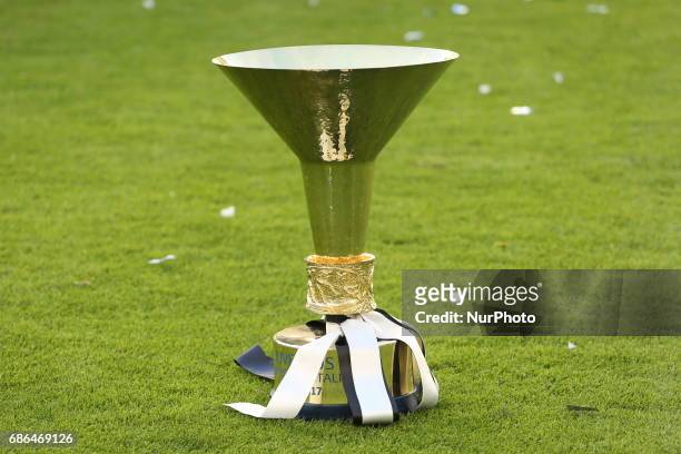 The Cup of the Scudetto, won by Juventus for the 33th time after the Serie A football match between Juventus FC and FC Crotone at Juventus Stadium on...