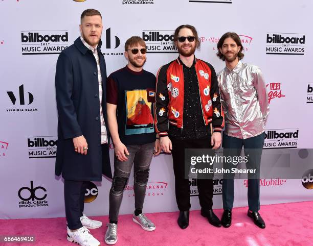 Musicians Dan Reynolds, Ben McKee, Daniel Platzman and Wayne Sermon of Imagine Dragons attend the 2017 Billboard Music Awards at T-Mobile Arena on...