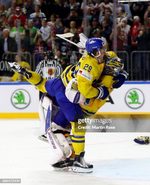 William Nylander of Sweden celebrate victory with team mate Henrik Lundqvist after the 2017 IIHF Ice Hockey World Championship Gold Medal game Canada...