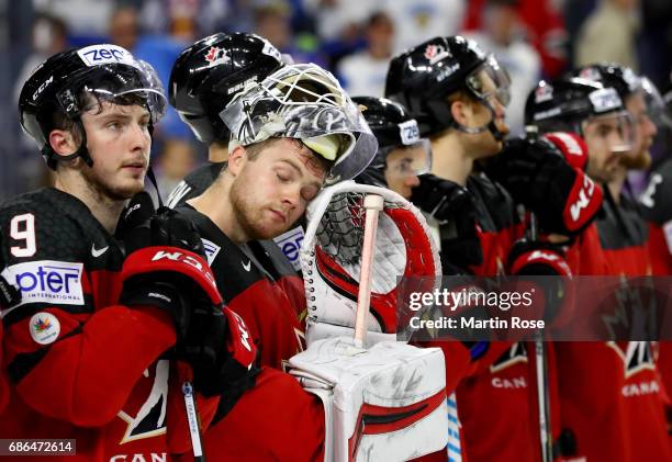 Calvin Pickard, goaltender of Canada looks dejected after the 2017 IIHF Ice Hockey World Championship Gold Medal game Canada and Sweden at Lanxess...