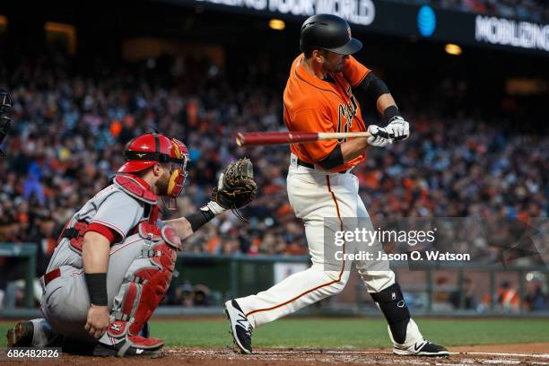 Justin Ruggiano of the San Francisco Giants at bat against the Cincinnati Reds during the third inning at AT&T Park on May 12, 2017 in San Francisco,...